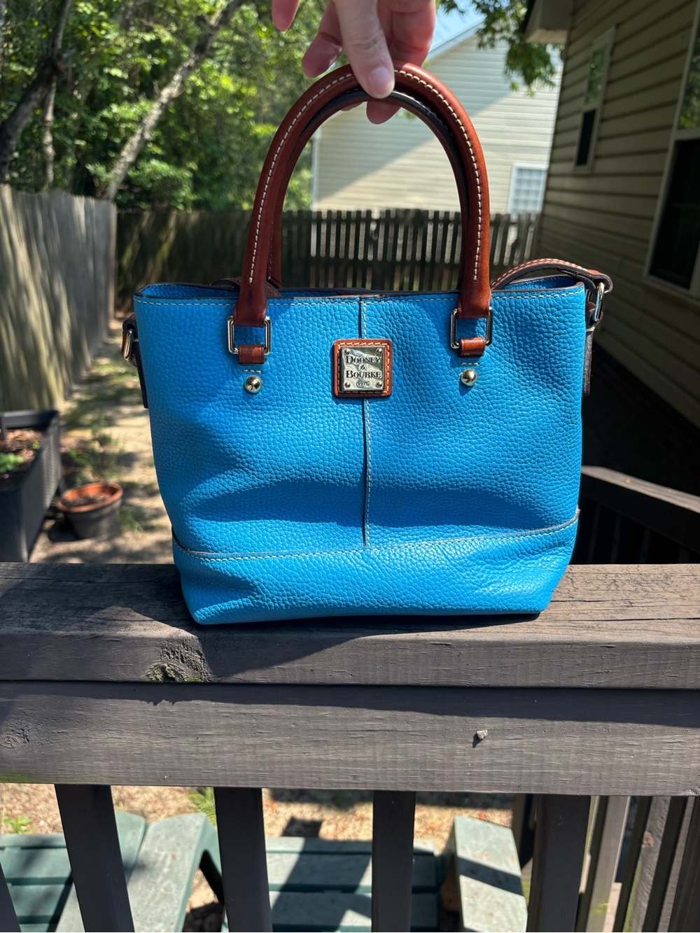 Dooney & Bourke Pebble Leather Satchel -Blue with  Brown Handles